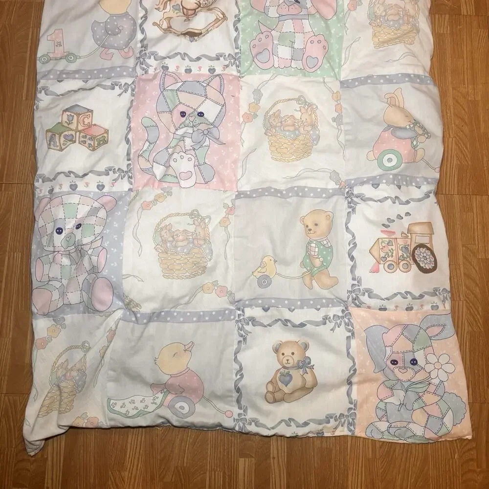 Vintage Baby Crib Comforter Quilt Teddy Bear Bunny Patchwork Nursery Blanket